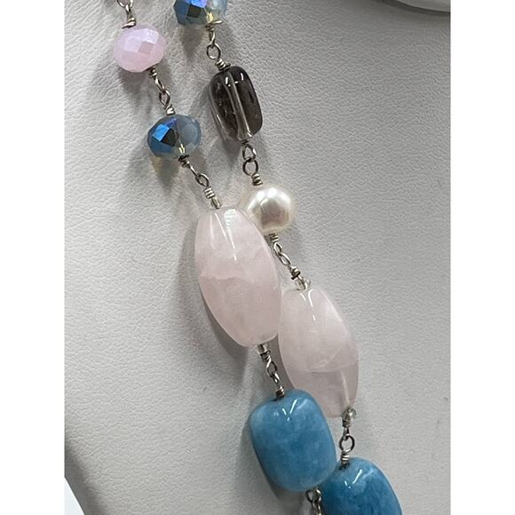 Handmade Sterling 925 Pink Blue Quartz Freshwater Pearl Double Strand Necklace - Picture 2 of 13